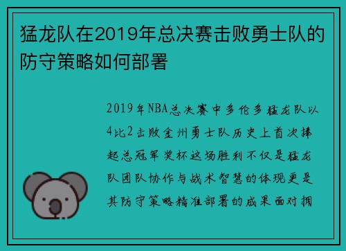 猛龙队在2019年总决赛击败勇士队的防守策略如何部署